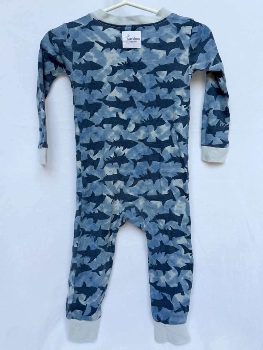 12 MTH Burt's Bees Navy and Light Blue Shark-Print One-Piece